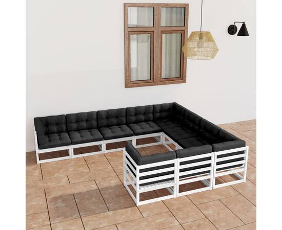 Set mobilier de grădină cu perne, 10 piese, alb, lemn masiv pin