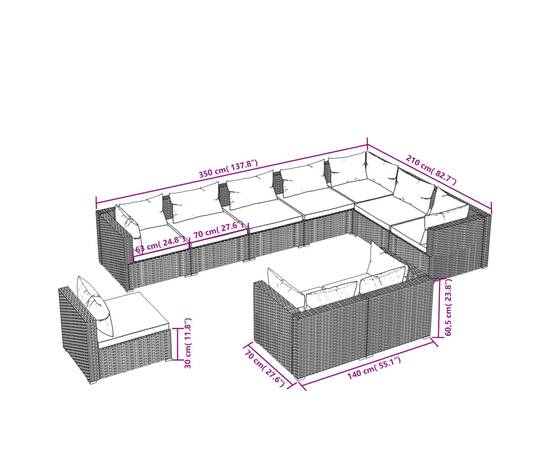 Set mobilier de grădină cu perne, 10 piese, gri, poliratan, 5 image