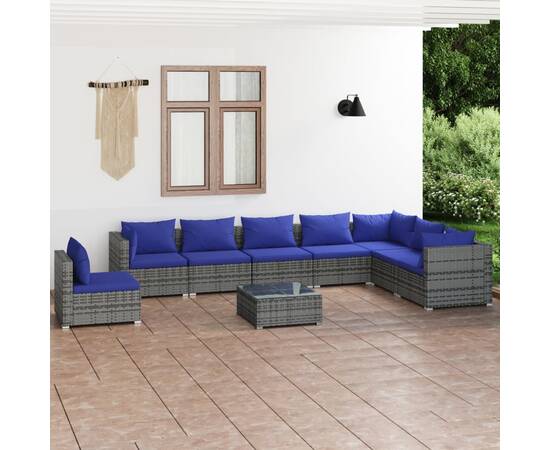 Set mobilier de grădină cu perne, 9 piese, gri, poliratan