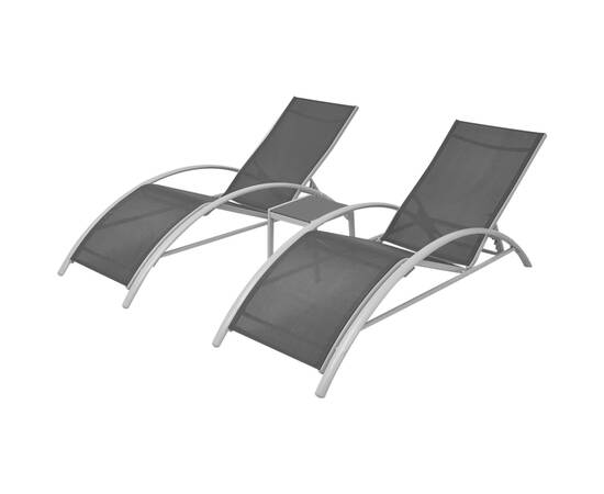 Șezlonguri de plajă cu masă, negru, aluminiu, 2 image