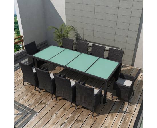 Set mobilier de exterior cu perne, 11 piese, negru, poliratan