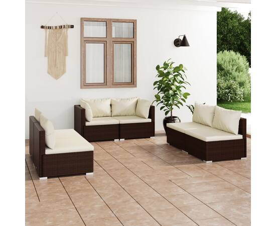 Set mobilier de grădină cu perne, 6 piese, maro, poliratan