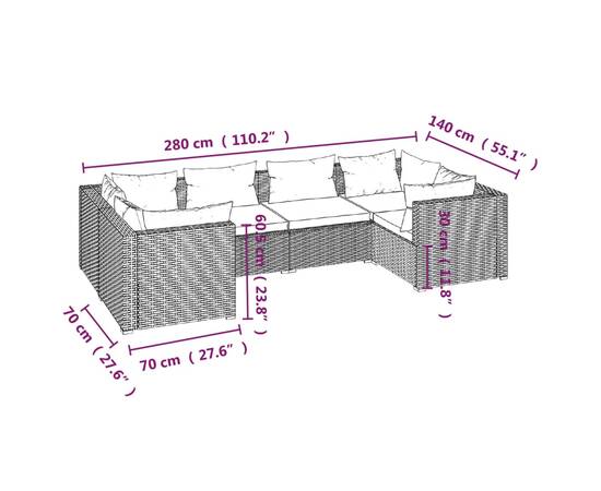 Set mobilier de grădină cu perne, 6 piese, negru, poliratan, 7 image