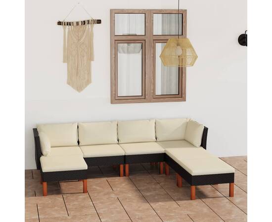 Set mobilier de grădină cu perne, 7 piese, negru, poliratan