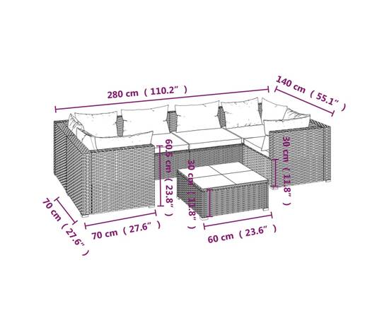 Set mobilier de grădină cu perne, 7 piese, negru, poliratan, 9 image