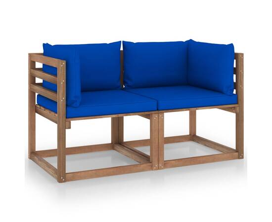 Canapea de grădină paleți, 2 locuri, perne albastre, lemn pin