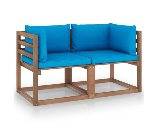 Canapea de grădină paleți, 2 locuri, perne albastre, lemn pin
