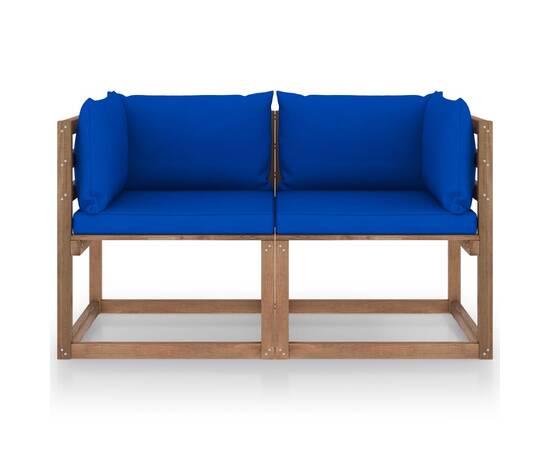 Canapea de grădină paleți, 2 locuri, perne albastre, lemn pin, 2 image