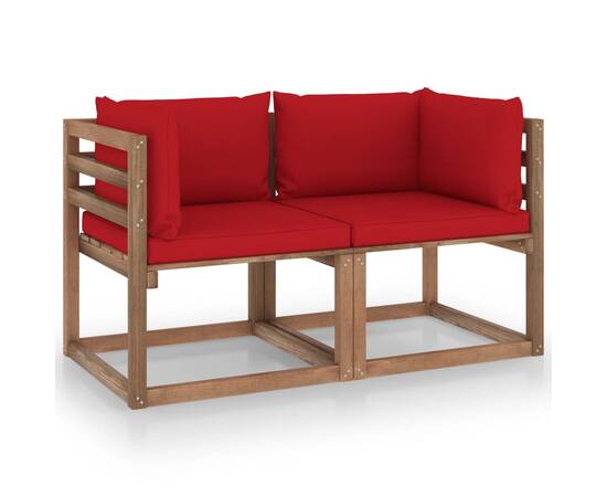 Canapea de grădină paleți, 2 locuri, perne roșii, lemn pin