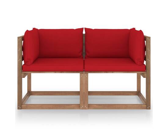 Canapea de grădină paleți, 2 locuri, perne roșii, lemn pin, 2 image