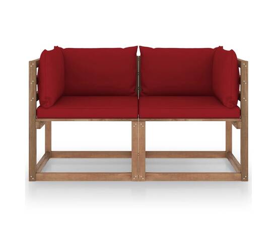 Canapea de grădină paleți, 2 locuri, perne roșu vin, lemn pin, 2 image