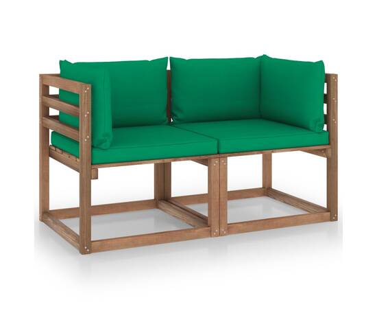 Canapea de grădină paleți, 2 locuri, perne verzi, lemn pin