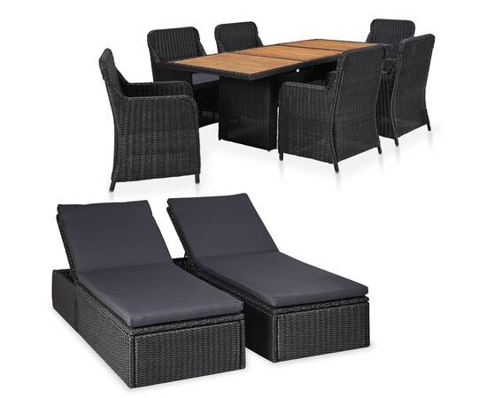 Set mobilier de exterior, 9 piese, negru, poliratan