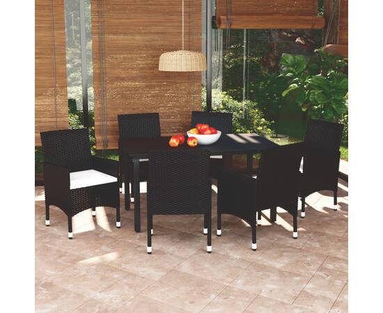 Set mobilier de grădină cu perne, 7 piese, negru, poliratan