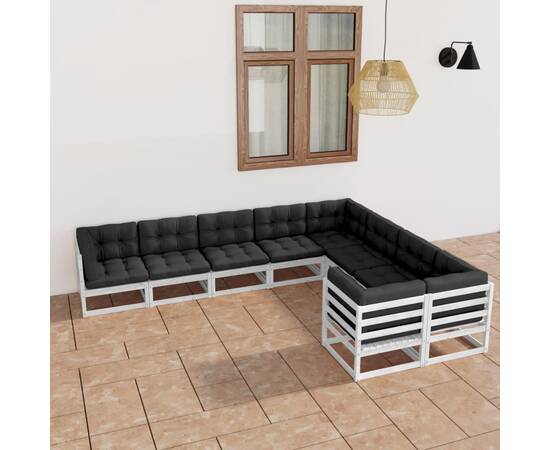 Set mobilier de grădină cu perne, 9 piese,alb,lemn masiv de pin