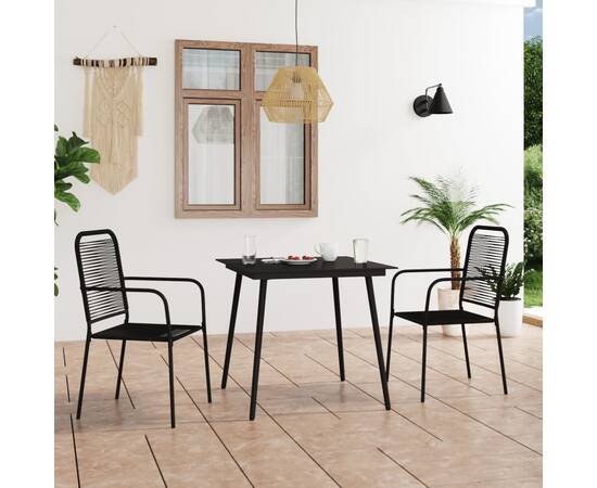 Set mobilier grădină, 3 piese, negru, sfoară de bumbac și oțel