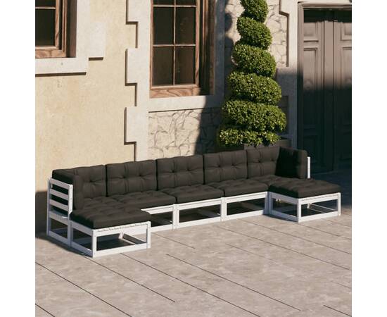 Set mobilier de grădină cu perne, 7 piese, alb, lemn masiv pin