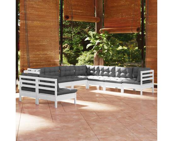 Set mobilier de grădină cu perne, 9 piese, alb, lemn masiv pin