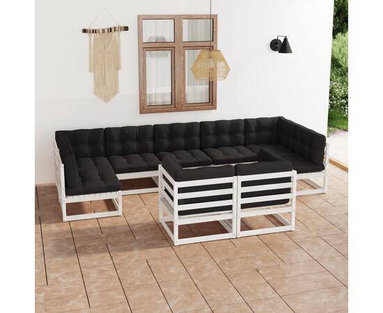 Set mobilier de grădină cu perne, 9 piese,alb,lemn masiv de pin