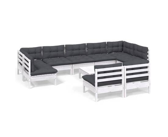 Set mobilier grădină cu perne, 10 piese, alb, lemn masiv pin, 2 image