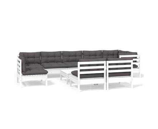 Set mobilier grădină cu perne, 10 piese, alb, lemn masiv pin, 2 image