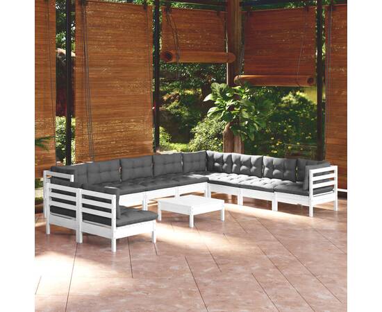 Set mobilier grădină cu perne, 11 piese, alb, lemn masiv pin