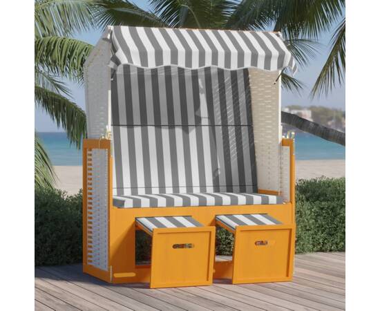 Scaun de plajă cu baldachin,alb&gri, poliratan și lemn masiv