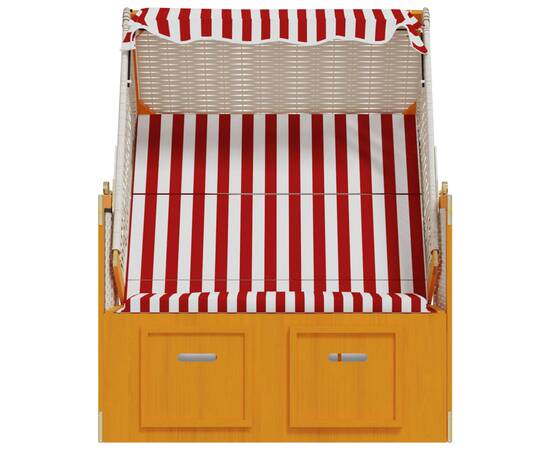 Scaun de plajă cu baldachin,roșu&alb, poliratan și lemn masiv, 6 image