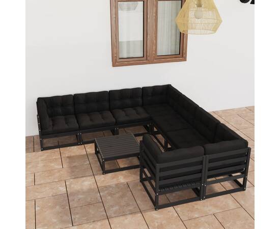 Set mobilier grădină cu perne, 9 piese, negru, lemn masiv pin