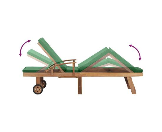 Șezlong cu pernă, verde, lemn masiv de tec, 6 image