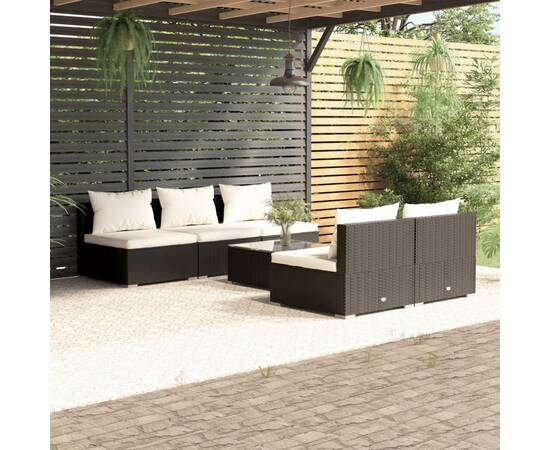 Set mobilier de grădină cu perne, 6 piese, negru, poliratan