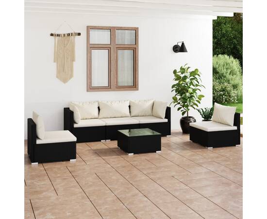 Set mobilier de grădină cu perne, 6 piese, negru, poliratan