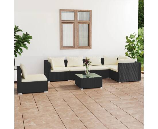 Set mobilier de grădină cu perne, 7 piese, negru, poliratan