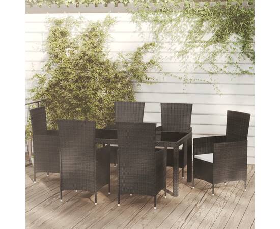 Set mobilier de exterior cu perne, 7 piese, negru, poliratan