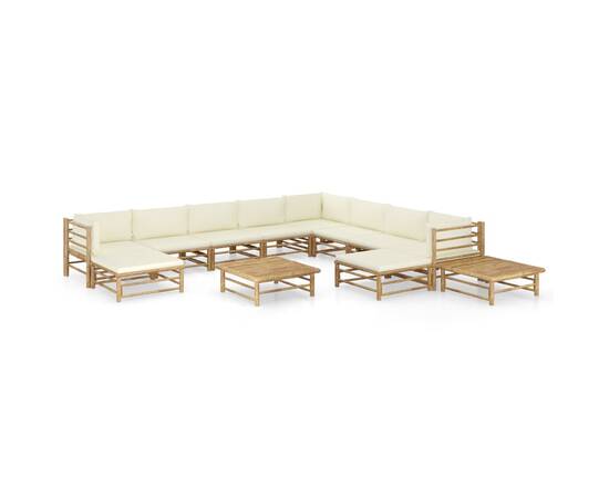 Set mobilier de grădină, 12 piese, perne alb crem, bambus