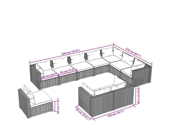 Set mobilier de grădină cu perne, 10 piese, maro, poliratan, 5 image