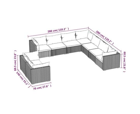 Set mobilier de grădină cu perne, 9 piese, maro, poliratan, 5 image