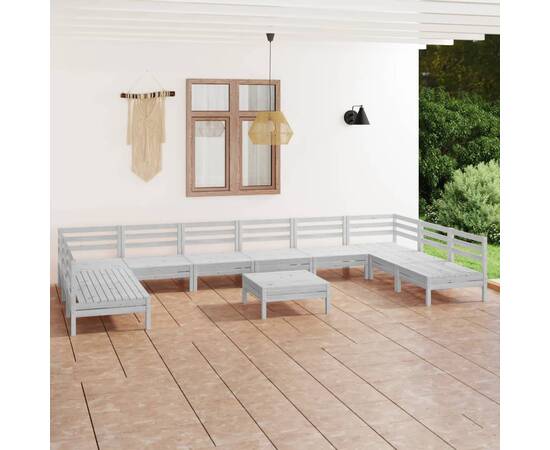 Set mobilier de grădină, 11 piese, alb, lemn masiv de pin