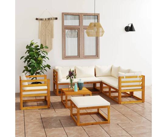 Set mobilier de grădină, 8 piese, perne crem, lemn masiv acacia