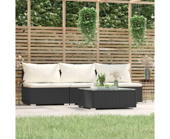 Set mobilier de grădină cu perne, 4 piese, negru, poliratan