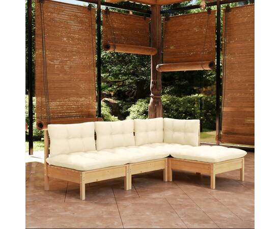 Set mobilier grădină cu perne crem, 4 piese, lemn masiv de pin