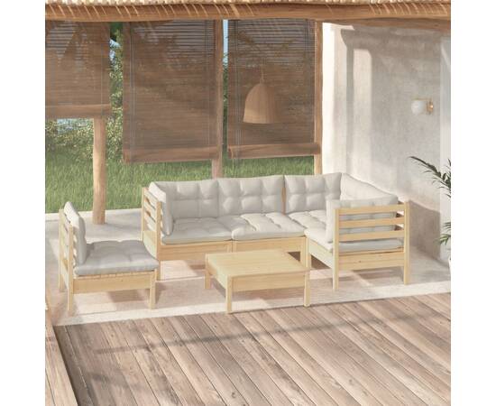 Set mobilier grădină cu perne crem, 6 piese, lemn de pin