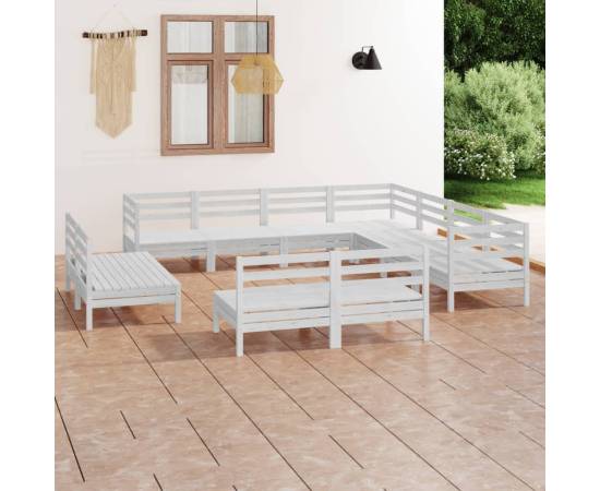 Set mobilier de grădină, 11 piese, alb, lemn masiv de pin