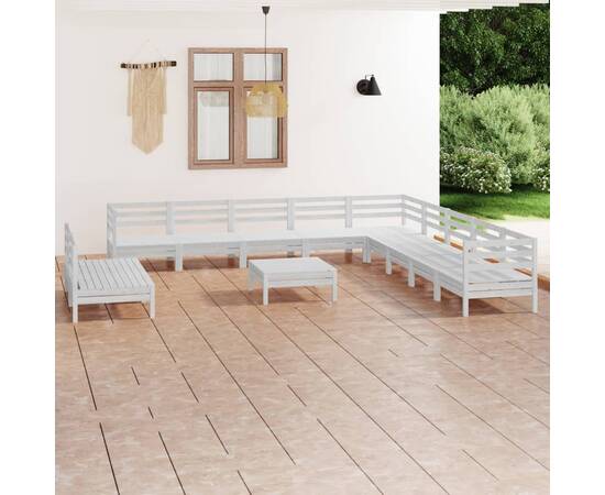 Set mobilier de grădină, 12 piese, alb, lemn masiv de pin