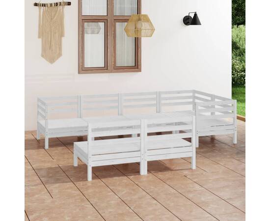 Set mobilier de grădină, 7 piese, alb, lemn masiv de pin