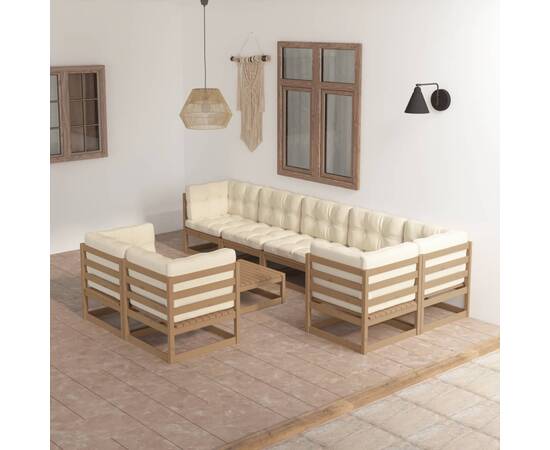 Set mobilier de grădină cu perne, 9 piese, lemn masiv pin