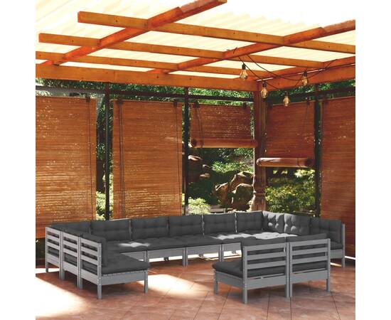 Set mobilier grădină cu perne, 12 piese, gri, lemn masiv pin