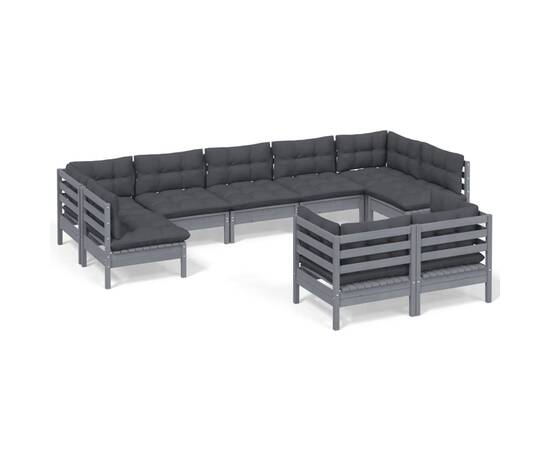 Set mobilier de grădină cu perne, 9 piese, gri, lemn masiv pin, 2 image