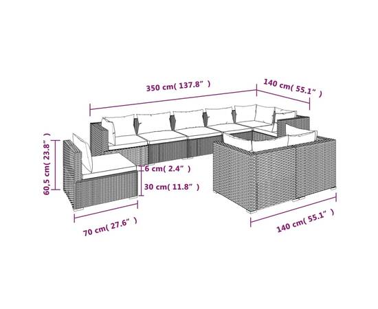 Set mobilier de grădină cu perne, 9 piese, maro, poliratan, 5 image