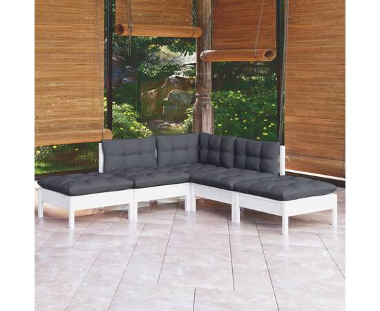 Set mobilier de grădină cu perne, 5 piese, alb, lemn masiv pin